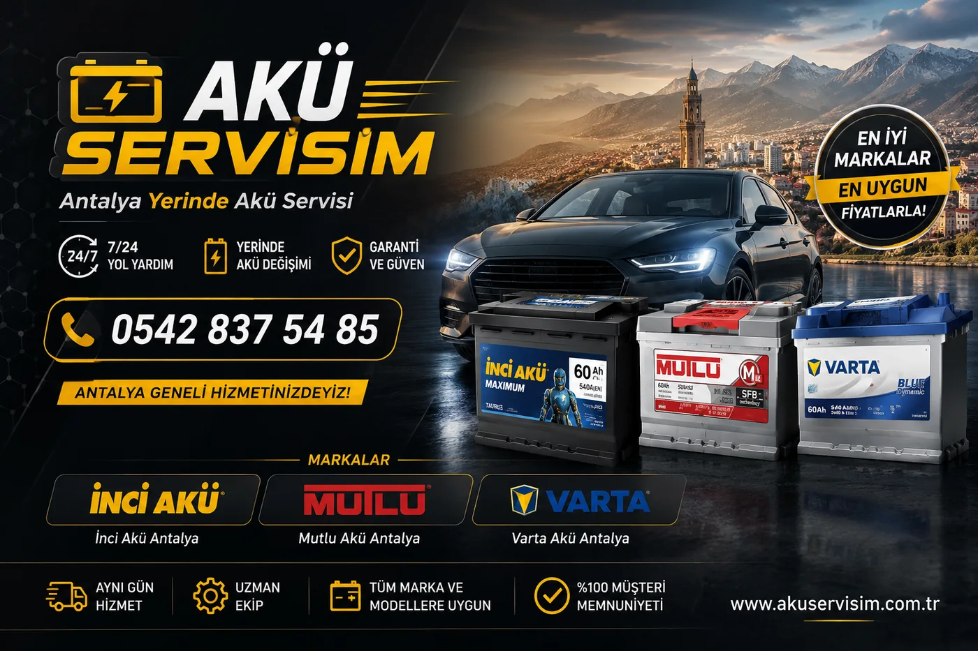 Akü Servisim Antalya — 7/24 yerinde akü servisi, İnci, Mutlu ve Varta akü